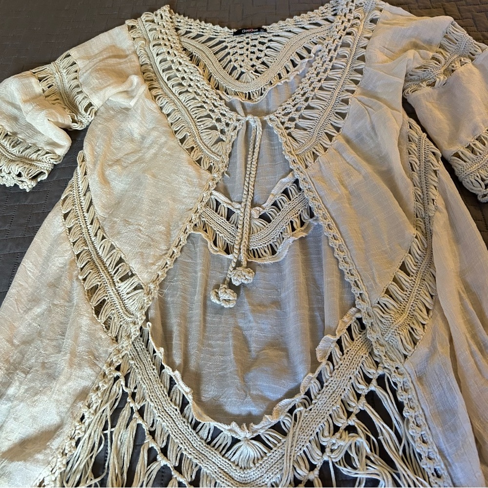 GeeGee Cream Earthy, Indie, Boho Crochet Front Tie Cardigan